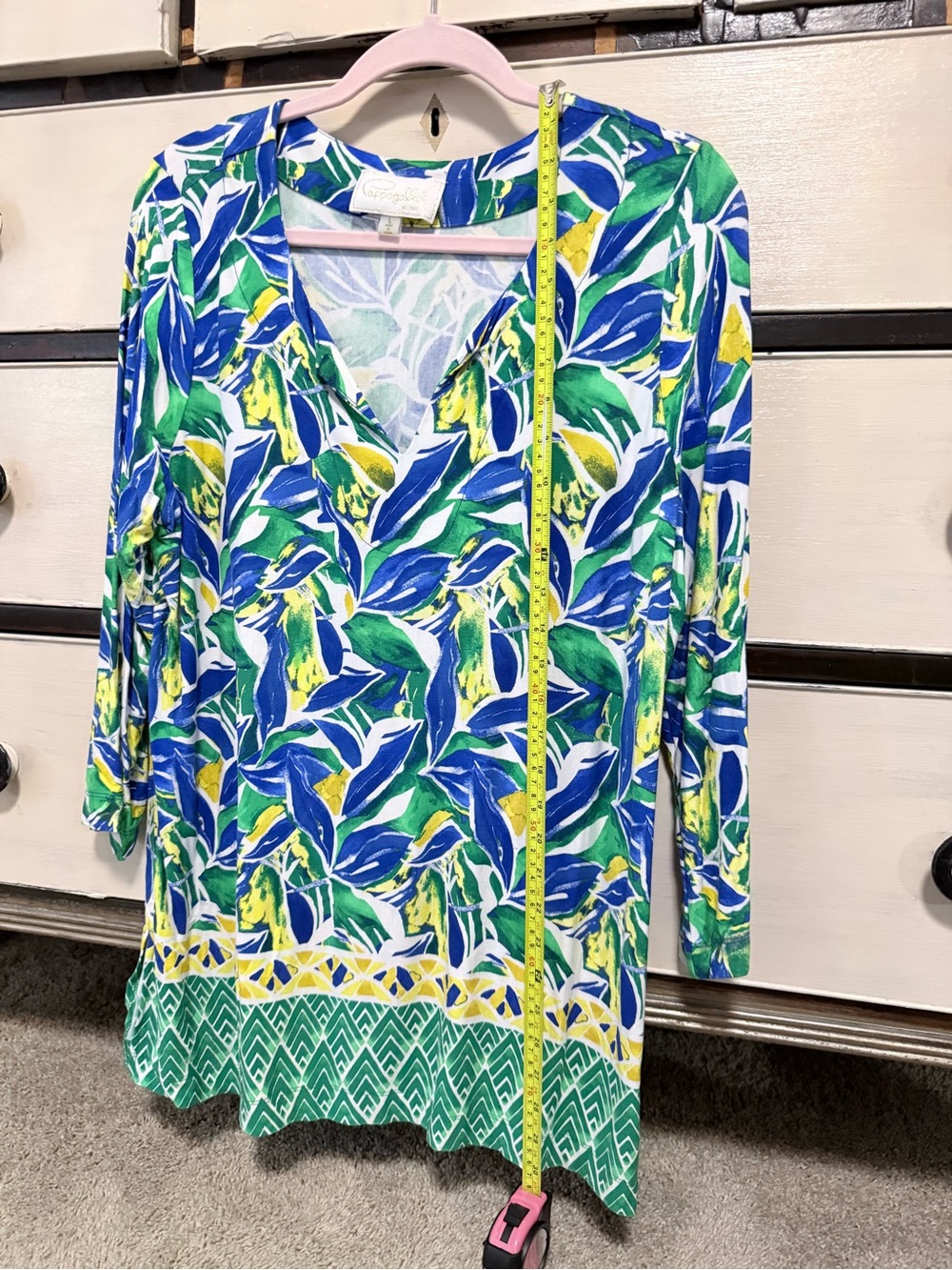 Cappagolla Tropical Leaf V-Neck Tunic in Blue, Green & Yellow